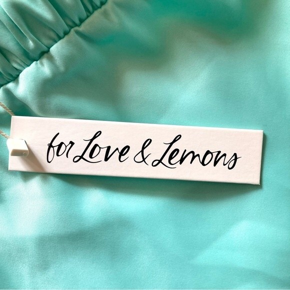 NEW For Love & Lemons Marie Asymmetrical Satin Aqua Side Slit Mini Skirt Size XS - Picture 13 of 15